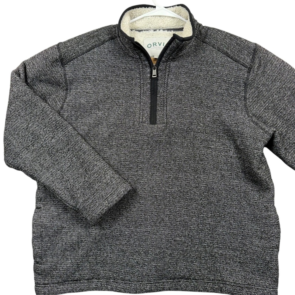 Orvis Quarter Zip Pullover Men L Gray Sherpa Lined Textured Knit Sweater